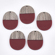 Resin & Wenge Wood Pendants, Oval, FireBrick, 44.5x34.5~35.5x3~4mm, Hole: 2mm(X-RESI-T023-01J)