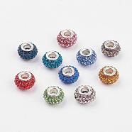 Grade A Rhinestone European Beads, Large Hole Beads, Resin, with Silver Color Plated Brass Core, Rondelle, Mixed Color, 12x8mm, Hole: 4mm(CPDL-H001-12x9mm-M)