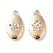 Brass Micro Pave Clear Cubic Zirconia Charms, Cadmium Free & Lead Free, Oval with Flower, Real 14K Gold Plated, 14.5x8x2mm, Hole: 1.2mm(KK-G418-10G)