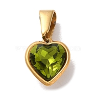 PVD Vacuum Plating 304 Stainless Steel Pendants, with Rhinestone, Heart, Golden, Olivine, 12x10x6mm, Hole: 7x3.5mm(STAS-C107-05G-05)