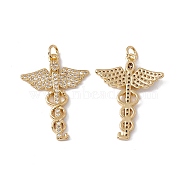 Brass Micro Pave Clear Cubic Zirconia Pendants, with Jump Ring, Cadmium Free & Nickel Free & Lead Free, Rack Plating, Caduceus Symbol for Medicine, Real 18K Gold Plated, 28.5x21.5x3mm, Hole: 3mm(KK-G439-35G)