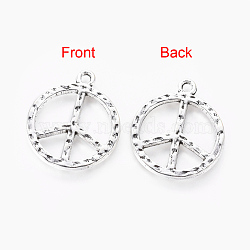 Hammered Tibetan Style Alloy Peace Sign Pendants, Lead Free and Cadmium Free, Antique Silver, 23x2mm, Hole: 2mm(EAAA023Y)