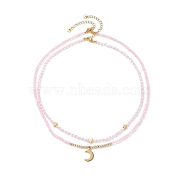 Star & Moon Pendant Necklaces Set for Teen Girl Women, Clear Crystal Glass Seed Beads Necklaces, Golden, Pearl Pink, 17.72 inch(45cm), 15.63 inch(39.7cm), 2pcs/set(NJEW-JN03738-05)