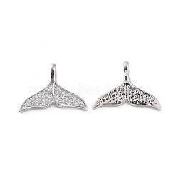 Brass Micro Pave Clear Cubic Zirconia Pendants, Whale Tail Charm, Platinum, 15x19.5x1.5~4mm, Hole: 4x2.5mm(KK-E068-VC415)