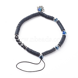 Polymer Clay Heishi Beaded Mobile Straps, with Acrylic Enamel Beads, Glass Beads and Alloy Beads, Word Lucky, Hamsa Hand with Evil Eye, Golden, Black, 23.5cm(HJEW-JM00465)