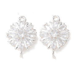 Brass Pave Clear Cubic Zirconia Connector Charms, Flower Links, 925 Sterling Silver Plated, 17x11.5x4mm, Hole: 1.2mm and 1.6mm(CU-CBAEC99-09S)