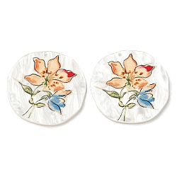 Opaque Acrylic Pendants, Flat Round with Flower, PeachPuff, 37.5x2.5mm, Hole: 1.6mm(BACR-D002-10B)