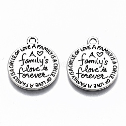 Tibetan Style Alloy Pendants, Lead Free & Cadmium Free, Flat Round with Word Family's Love is Forever, Antique Silver, 20x17x1mm, Hole: 1.6mm, about 746pcs/1000g(TIBE-S314-119AS-RS)