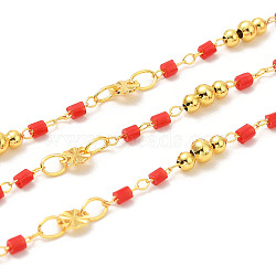 Brass Handmade Beaded Chains, with Glass Beads, with Spool, Unwelded, Real 18K Gold Plated, Red, 0.5~7x2~4mm, about 32.81 Feet(10m)/Roll(CHC-P011-B03-G)