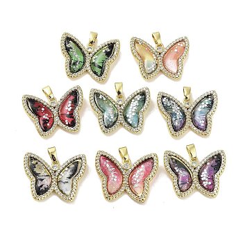 Real 18K Gold Plated Rack Plating Brass Micro Pave Cubic Zirconia Pendants, with Resin, Long-Lasting Plated, Cadmium Free & Lead Free, Butterfly, Mixed Color, 21.5x26.5x5mm, Hole: 6x2.7mm