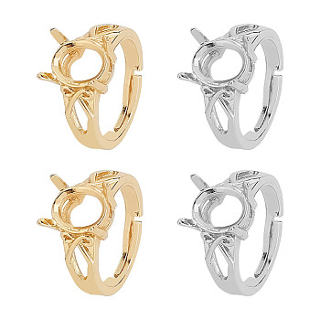 4Pcs 2 Color Adjustable Brass Finger Ring Components, 4 Claw Prong Ring Settings, with Cubic Zirconia, Long-Lasting Plated, Oval, Platinum & Golden, Inner Diameter: 16~16.5mm, Tray: 10x8mm, 2Pcs/color