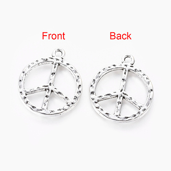 Hammered Tibetan Style Alloy Peace Sign Pendants, Lead Free and Cadmium Free, Antique Silver, 23x2mm, Hole: 2mm