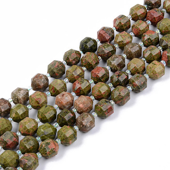 Natural Unakite Beads Strands, Round, Faceted, 8~9x10mm, Hole: 1.2mm, about 33~35pcs/strand, 15.16inch(38.5cm)