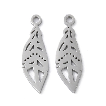 304 Stainless Steel Pendants, Manual Polishing, Leaf Charms, Stainless Steel Color, 20x6.5x1mm, Hole: 1.6mm
