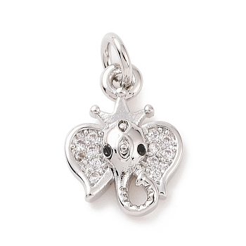 Brass Micro Pave Cubic Zirconia Charms, with Jump Ring, Elephant Head Charm, Platinum, 13.5x9.5x3.5mm, Hole: 2.8mm