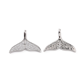 Brass Micro Pave Clear Cubic Zirconia Pendants, Whale Tail Charm, Platinum, 15x19.5x1.5~4mm, Hole: 4x2.5mm