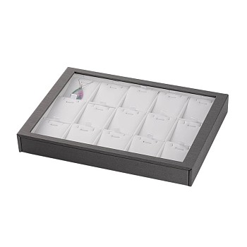 Wooden Necklace Presentation Boxes, Covered with PU Leather, Organic Glass and Magnetic Stripe, Rectangle, Gray, 305x223x40mm