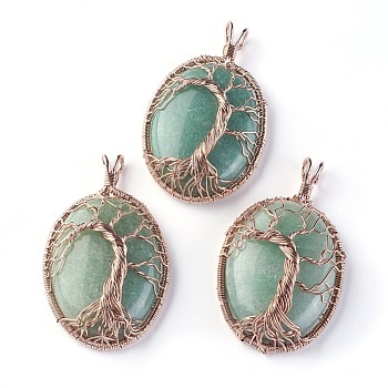 Natural Green Aventurine Big Pendants, with Rose Gold Tone Brass Findings, Oval with Tree of Life, 56~58.5x35~36x12~13.8mm, Hole: 4.2~5.2x4.6~6mm