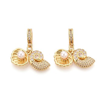Brass Micro Pave Clear Cubic Zirconia and ABS Imitation Pearl European Dangle Charms, Conch & Shell Shape, Large Hole Pendants, Creamy White, Real 18K Gold Plated, 30mm, Hole: 4.8mm