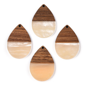 Transparent Resin & Walnut Wood Pendants, Teardrop Charms, PeachPuff, 36x24.5x3.5mm, Hole: 2mm