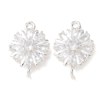 Brass Pave Clear Cubic Zirconia Connector Charms, Flower Links, 925 Sterling Silver Plated, 17x11.5x4mm, Hole: 1.2mm and 1.6mm
