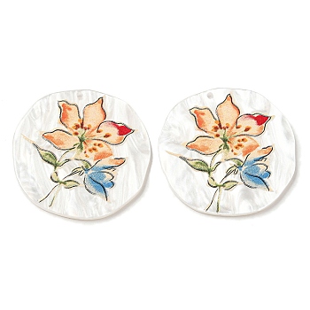 Opaque Acrylic Pendants, Flat Round with Flower, PeachPuff, 37.5x2.5mm, Hole: 1.6mm