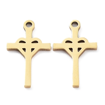 Ion Plating(IP) 316L Surgical Stainless Steel Pendants, Cross with Heart Charm, Real 18K Gold Plated, 17x10x1mm, Hole: 1.2mm