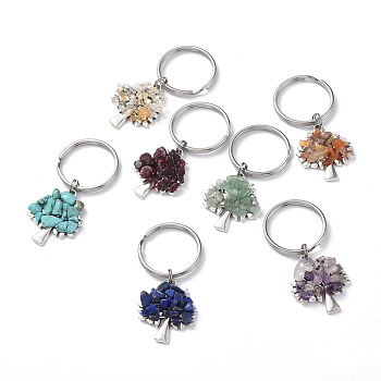 Chip Natural & Synthetic Gemstone Keychain Sets, with Antique Silver Plated Alloy Pendants and 316 Surgical Stainless Steel Split Key Rings, Tree, 55mm, 7pcs/set