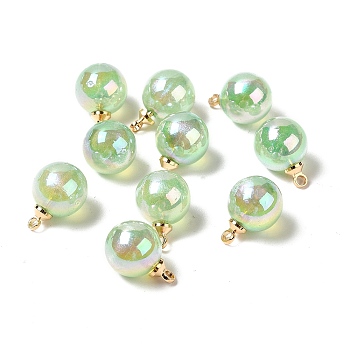UV Plating Acrylic Pendants, with Light Gold Tone Brass Findings, Round Charm, Pale Green, 13.5x9.5mm, Hole: 1.6mm