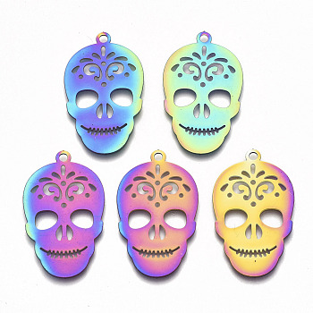 Ion Plating(IP) 201 Stainless Steel Pendants, Etched Metal Embellishments, Sugar Skull, For Mexico Holiday Day of The Dead, Rainbow Color, 34x20.5x0.3mm, Hole: 2mm