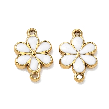 304 Stainless Steel Enamel Flower Links Connector Charms, Ion Plating(IP), Real 18K Gold Plated, White, 17.5x12x2.5mm, Hole: 1mm