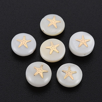 Natural Freshwater Shell Beads, with Golden Plated Brass Metal Embellishments, Flat Round with Star, Seashell Color, 8x3.5mm, Hole: 0.7mm