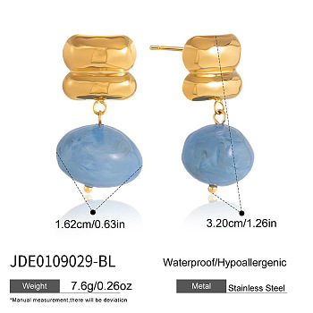 304 Stainless Steel Stud Dangle Earrings, with Resin, Nuggets, Cornflower Blue, 32x16.2mm