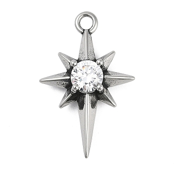316 Surgical Stainless Steel Micro Pave Cubic Zirconia Pendants, Antique Silver, Star Charm, Clear, 28.5x18x6mm, Hole: 2mm