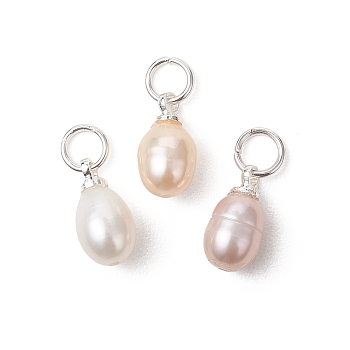 Natural Cultured Freshwater Pearl Pendants, Rice Charms with 304 Stainless Steel Findings, Mixed Color, Silver, 11x6mm, Jump Ring: 5x1mm, Inner Diameter: 3mm