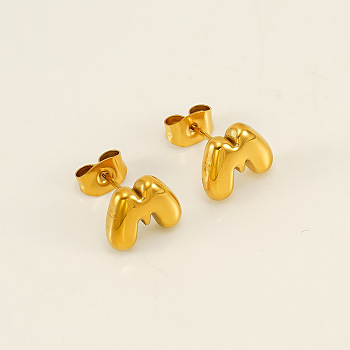 Chunk Letter 304 Stainless Steel Stud Earrings for Women, Real 18K Gold Plated, Letter M, 7.5~8.5x5~10.5mm