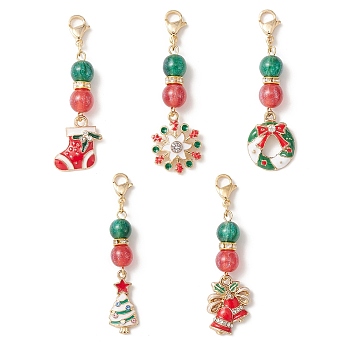 Christmas Theme Alloy Enamel Pendant Decorations, with Resin Bead and 304 Stainless Steel Lobster Claw Clasps Charm, Wreath/Bell/Tree/Snowflake/Sock, Mixed Shapes, 55~60mm