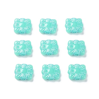 Opaque Acrylic Beads, Metal Enlaced, Square with Flower Pattern, Aquamarine, 9.5~10x10.5~11x3.5mm, Hole: 1.6mm, about 1990pcs/500g