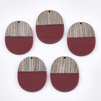 Resin & Wenge Wood Pendants, Oval, FireBrick, 44.5x34.5~35.5x3~4mm, Hole: 2mm
