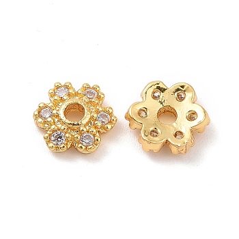 Brass Bead Caps, with Rhinestones, 6-Petal, Flower, Real 18K Gold Plated, 5.4x1.8mm, Hole: 1.3mm