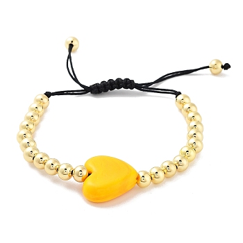 Handmade Lampwork Heart Bracelets, Adjustable 6mm Round Brass Braided Bead Bracelets for Women, Real 18K Gold Plated, Gold, Inner Diameter: 1-7/8~3-1/8 inch(4.8~7.8cm), Heart: 19x20.5x7mm