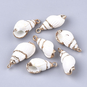 Electroplate Spiral Shell Pendants, with Iron Findings, Golden, White, 18~25x8~11x8~10mm, Hole: 1.8mm