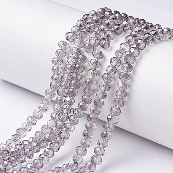 Electroplate Transparent Glass Beads Strands, Half Rainbow Plated, Faceted, Rondelle, Lilac, 3.5x3mm, Hole: 0.4mm, about 123~127pcs/strand, 13.7~14.1 inch(35~36cm)