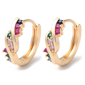 Rack Plating Brass Micro Pave Colorful Cubic Zirconia Hoop Earrings, Light Gold, 16.5x5.5mm
