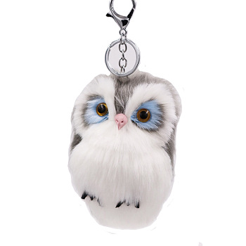 Imitation Rabbit Fur Owl Pendant Keychain, with Random Color Eyes, Cute Animal Plush Keychain, for Key Bag Car Pendant Decoration, Gray, 15x8cm