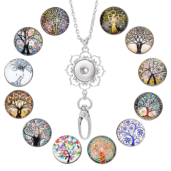 DIY Half Round Pendant Necklace Making Kits, Including Brass & Glass Snap Buttons, Alloy Snap Pendant Making, 304 Stainless Steel Cable Chains Necklaces, Tree of Life Pattern, 14Pcs/box
