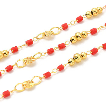 Brass Handmade Beaded Chains, with Glass Beads, with Spool, Unwelded, Real 18K Gold Plated, Red, 0.5~7x2~4mm, about 32.81 Feet(10m)/Roll