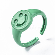 Spray Painted Brass Cuff Rings, Open Rings, Smiling Face, Medium Aquamarine, US Size 7 1/4(17.5mm)(RJEW-S044-151C)