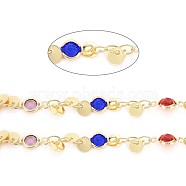 Eco-Friendly Handmade Brass Beaded Chains, with Brass Charms, Glass and Spool, Soldered, Long-Lasting Plated, Flat Round, Colorful, Real 18K Gold Plated, 10x4.8x2mm, 3.5x2.5x0.3mm, about 32.8 Feet(10m)/roll(CHC-I029-08G)