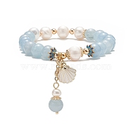 Dyed Natural Quartz(Dyed) & Pearl Stretch Bracelet, Alloy Enamel Shell Charms Bracelet for Women, Inner Diameter: 2 inch(5cm)(BJEW-JB09224-03)